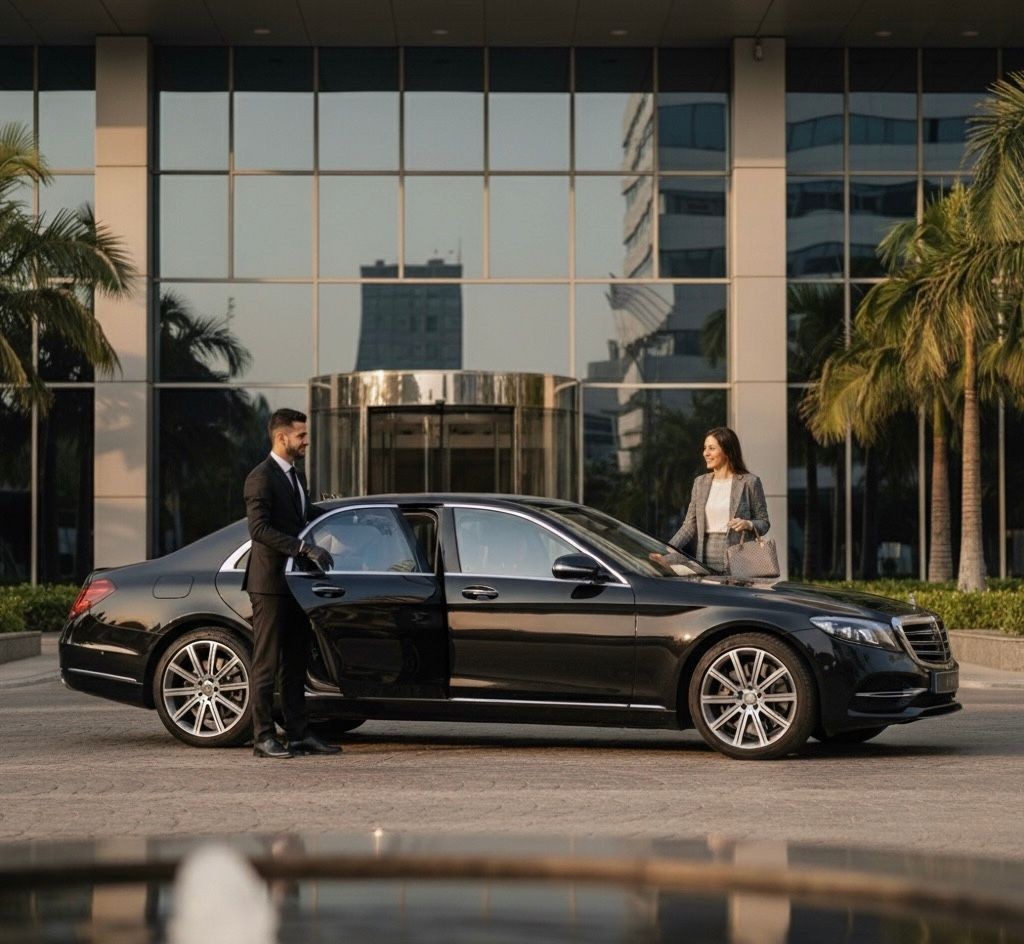 Man in suit opens car door for woman in business attire outside modern building.