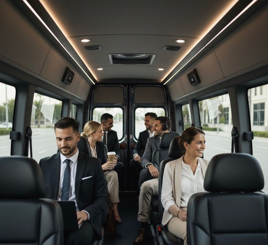 Business professionals in formal attire seated inside a modern, spacious van, each engaged in their activities.