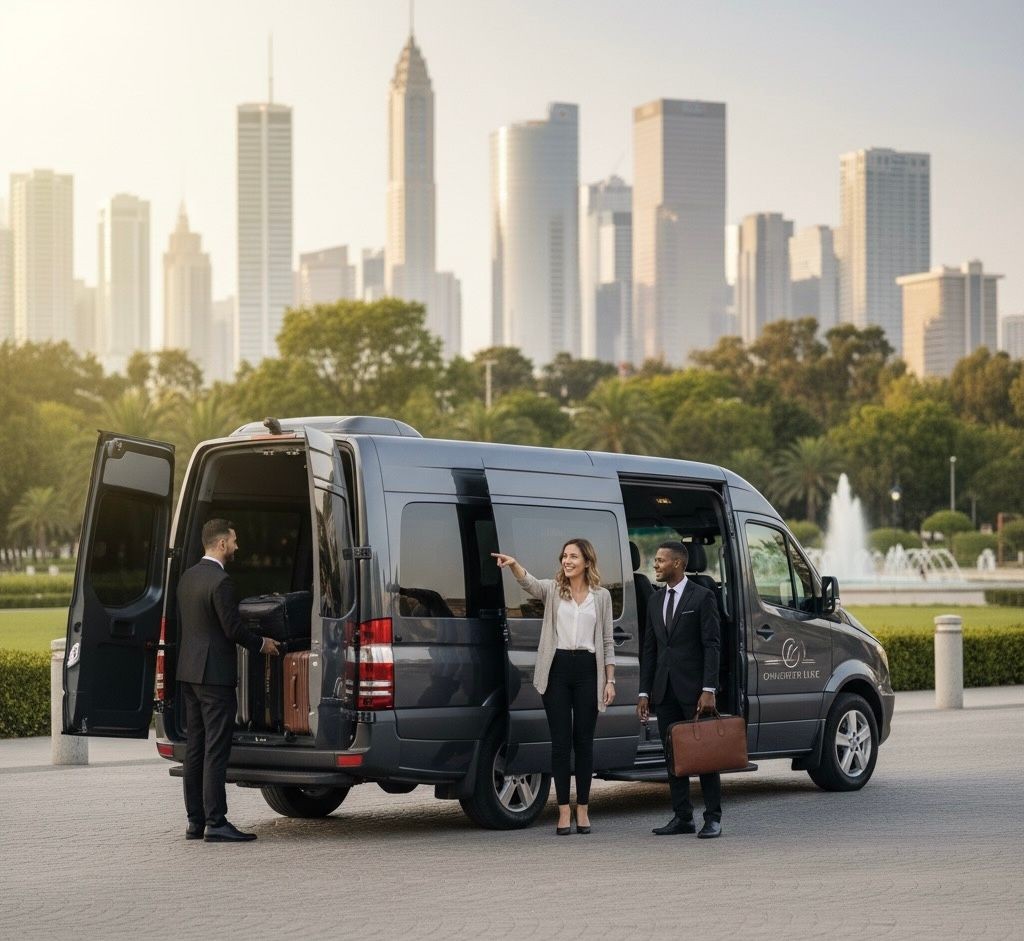 Business professionals standing next to an open van near a park with a city skyline in the background.