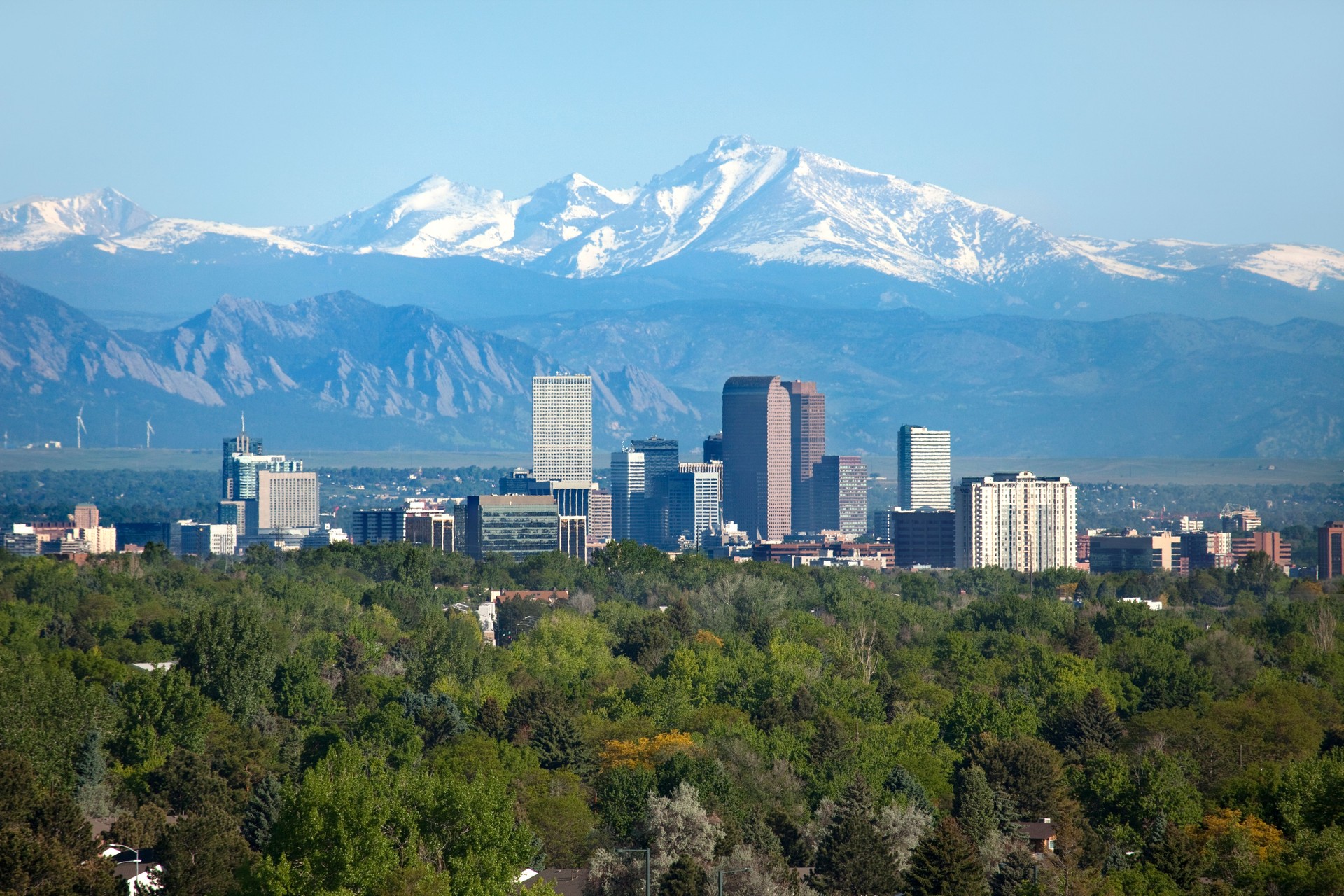 Denver Colorado skyscrapers snowy Longs Peak Rocky Mountains summer